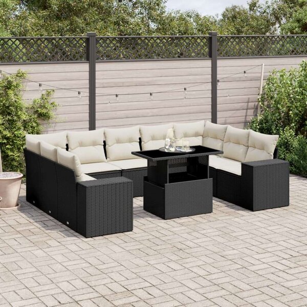 VidaXL 10 részes fekete polyrattan kerti ülőgarnitúra párnákkal