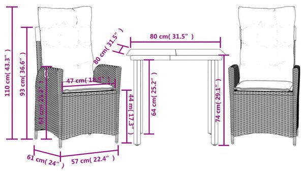 VidaXL 3 részes fekete polyrattan kerti étkezőgarnitúra párnákkal