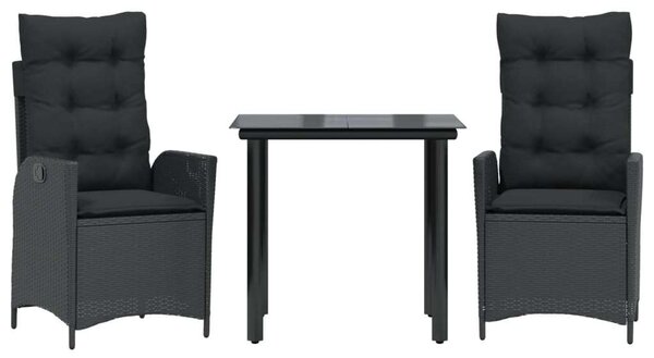 VidaXL 3 részes fekete polyrattan kerti étkezőgarnitúra párnákkal