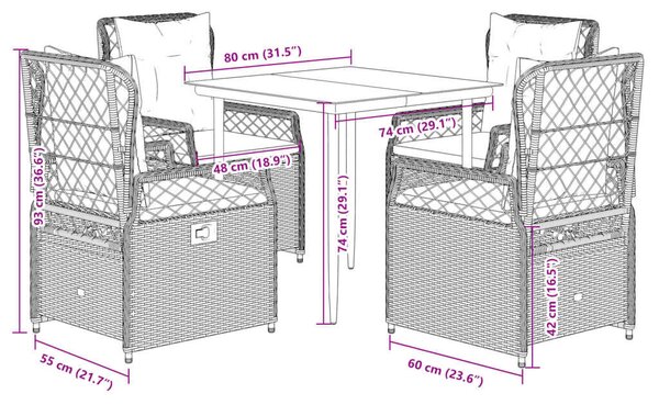 VidaXL Polyrattan Kerti Étkezőgarnitúra - 5 részes - Fekete