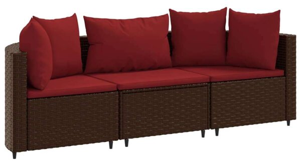 VidaXL 3 részes Kerti Ülőgarnitúra - Barna Polyrattan - Piros Párnákkal
