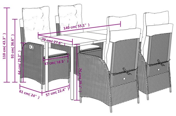 VidaXL 5 részes barna polyrattan kerti étkezőgarnitúra párnákkal