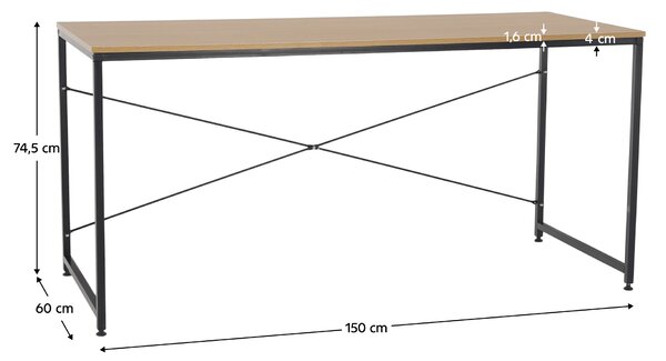 KONDELA Íróasztal tölgy/fekete, 150x60 cm, MELLORA