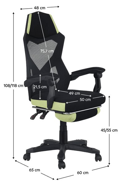 KONDELA Irodai/gamer szék, fekete/zöld, teherbírás 150 kg, JORIK