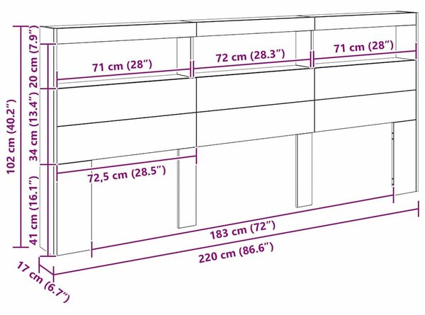 VidaXL Fejtámla LED -es lámpákkal Öreg fa 220 x 17 x 102 cm Faanyag