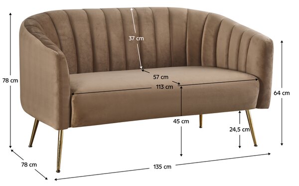 KONDELA Design kétszemélyes kanapé, barna Velvet szövet/gold króm-arany, BAGY