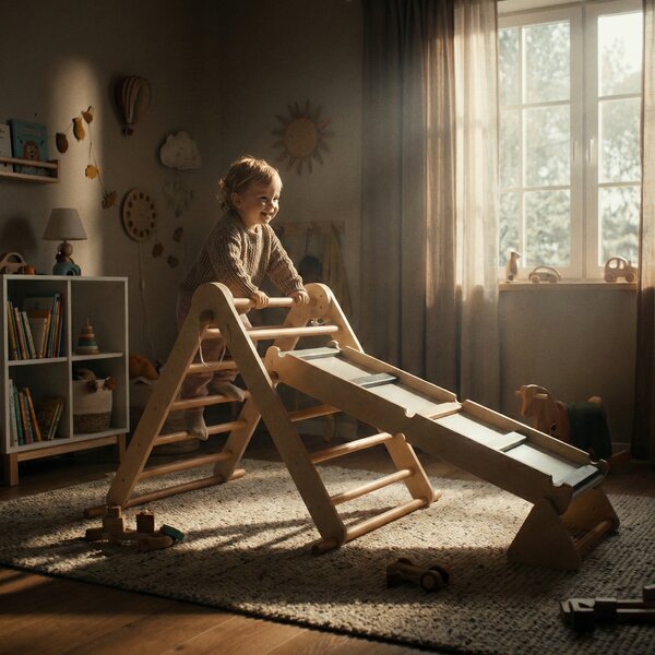 KONDELA Montessori Pikler-háromszög 3 az 1-ben, természetes/színes, OPRIN
