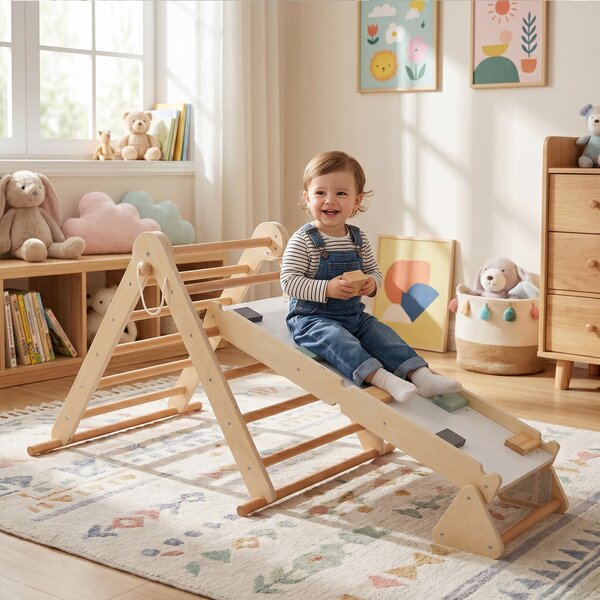 KONDELA Montessori Pikler-háromszög 3 az 1-ben, természetes/színes, OPRIN