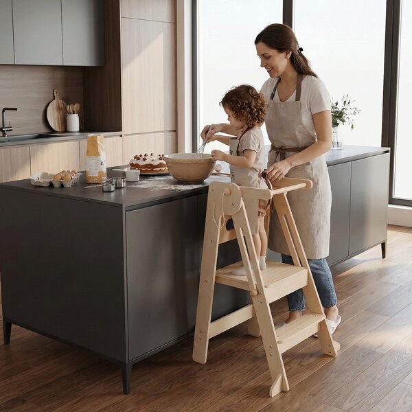KONDELA Montessori összecsukható tanulótorony, természetes, URIAN