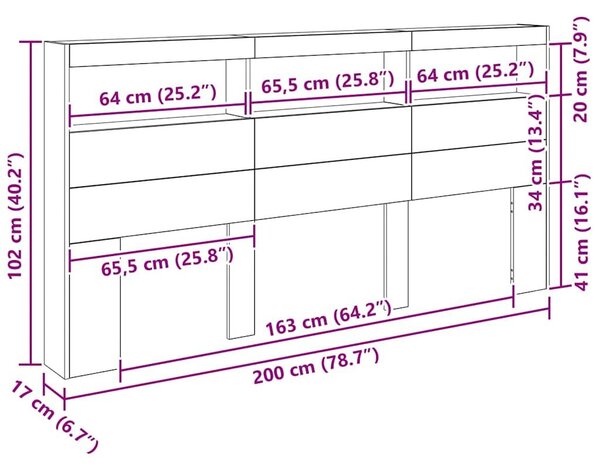 VidaXL Fejtámla LED -es lámpákkal Öreg fa 200 x 17 x 102 cm Faanyag