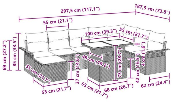 9 darabos kerti kanapé szett párnákkal világosszürke poli rattan, 2 személyes kerti kanapé tárolóval és párnákkal, világosszürke poli rattan