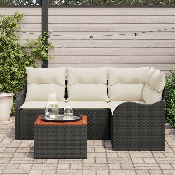 5 Darabos Kerti Sofa Készlet Párnákkal Fekete Poli Rattan Akác, 2-Fős Kerti Sofa Tárolóval&amp;Párnákkal Fekete Poli Rattan