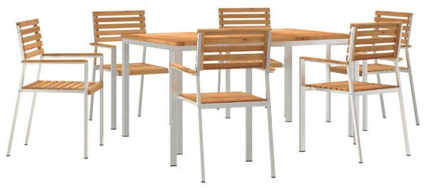 7 Részes Kerti Étkezőszett Tömör Fa Tík, Kültéri Étkezőasztal 150x90x75 cm Tömör Fa Tík, Összecsukható Kerti Székek 2 db Tömör Fa Tík és Acél, Összecsukható Kerti Székek 4 db Tömör Fa Tík és Acél