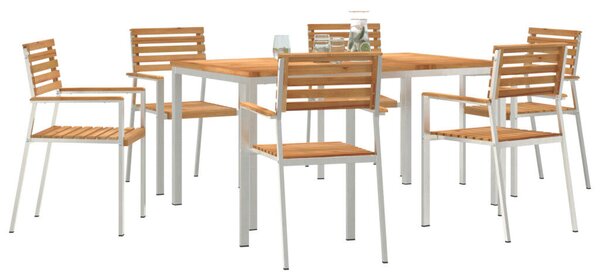 7 Részes Kerti Étkezőszett Tömör Fa Tík, Kültéri Étkezőasztal 150x90x75 cm Tömör Fa Tík, Összecsukható Kerti Székek 2 db Tömör Fa Tík és Acél, Összecsukható Kerti Székek 4 db Tömör Fa Tík és Acél