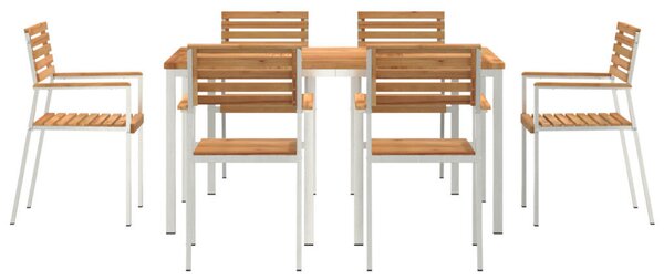 7 Részes Kerti Étkezőszett Tömör Fa Tík, Kültéri Étkezőasztal 150x90x75 cm Tömör Fa Tík, Összecsukható Kerti Székek 2 db Tömör Fa Tík és Acél, Összecsukható Kerti Székek 4 db Tömör Fa Tík és Acél
