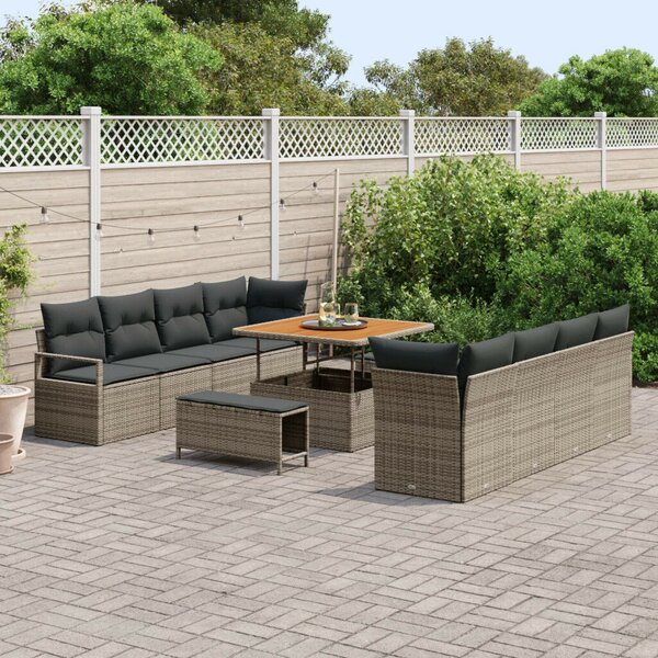 11 Darabos Kerti Kanapé Szett Párnákkal Szürke Poli Rattan Akáccal, 2-Fős Kerti Kanapé Párnákkal Szürke Poli Rattan, 3 Darabos Kerti Dining Szett Párnákkal Szürke Poli Rattan Akáccal