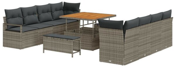 11 Darabos Kerti Kanapé Szett Párnákkal Szürke Poli Rattan Akáccal, 2-Fős Kerti Kanapé Párnákkal Szürke Poli Rattan, 3 Darabos Kerti Dining Szett Párnákkal Szürke Poli Rattan Akáccal