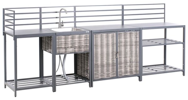 Négydarabos kültéri konyhaszett mosogatóval MIRADOR PE Rattan Szürke