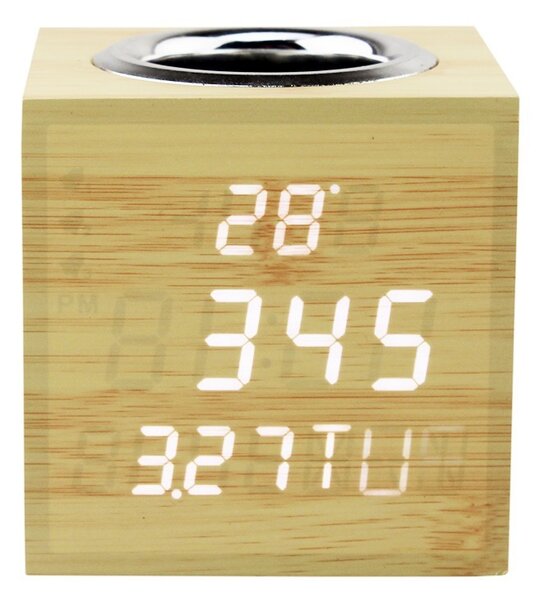 ProCart® digitális óra, fehér LED világítás, hangérzékelő, ceruzatartó, hőmérséklet kijelző, dátum, fa