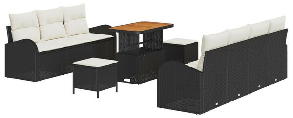 10 részes kerti kanapé szett párnákkal fekete poli rattan akáccal, 2 személyes kerti kanapé tárolóval és párnákkal fekete poli rattan, 3 részes kerti étkező szett párnákkal fekete poli rattan akáccal