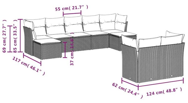 VidaXL Polyrattan Kerti Ülőgarnitúra - 9 részes - Szürke