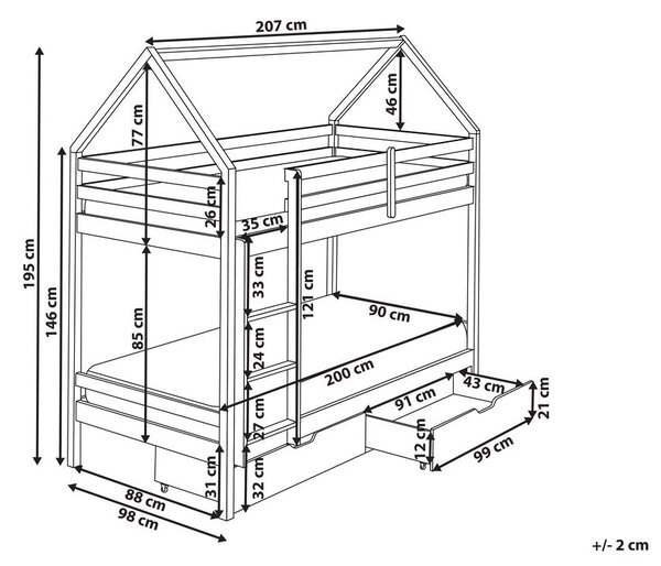 Emeletes ágy fiókokkal Ház Fenyő TERNAS 90 x 200 cm Ágyneműtartóval Fehér