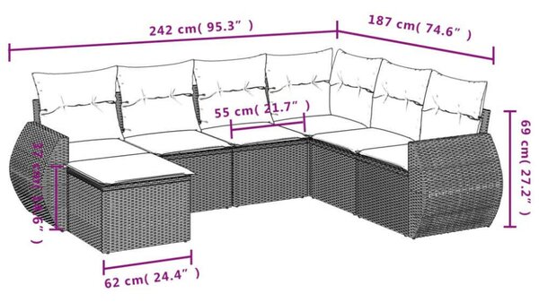 VidaXL 7 részes bézs polyrattan kerti ülőgarnitúra párnákkal