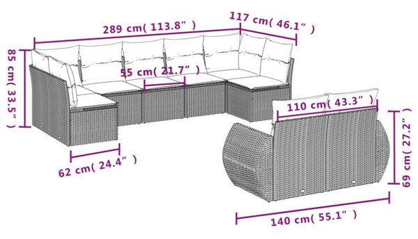 VidaXL Polyrattan Kerti Ülőgarnitúra - 9 részes - Szürke