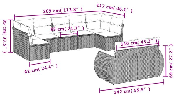 VidaXL Polyrattan Kerti Ülőgarnitúra - 9 részes - Szürke