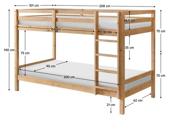 Emeletes ágy, 90x200, tömör fa, natúr, INEZA