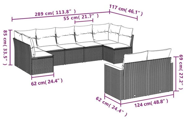 VidaXL Polyrattan Kerti Ülőgarnitúra - 9 részes - Szürke