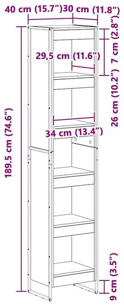 VidaXL Könyvespolc Fekete tölgy 40 x 30 x 189,5 cm Faanyag