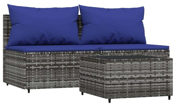 VidaXL 3 részes szürke polyrattan kerti ülőgarnitúra párnákkal