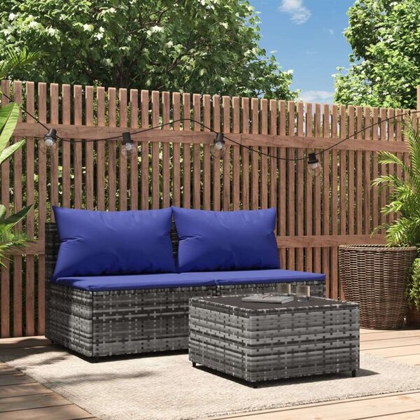 VidaXL 3 részes szürke polyrattan kerti ülőgarnitúra párnákkal