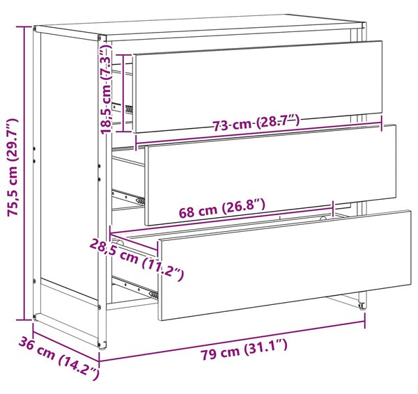 VidaXL Széf fiókkal Szürke Sonoma 79 x 36 x 75.5 cm Faanyag