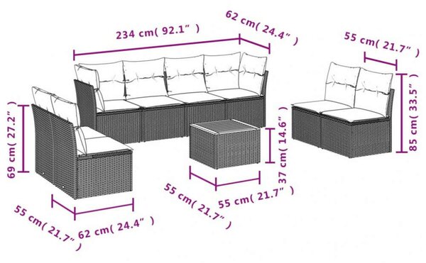 VidaXL Polyrattan Kerti Ülőgarnitúra - 9 részes - Fekete