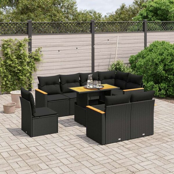 VidaXL 9 részes Kerti Ülőgarnitúra - Fekete Polyrattan