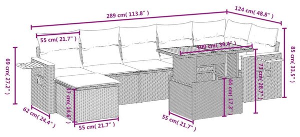Polyrattan Kerti Ülőgarnitúra - 8 részes - Fekete
