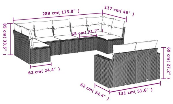 VidaXL Polyrattan Kerti Ülőgarnitúra - 9 részes - Fekete