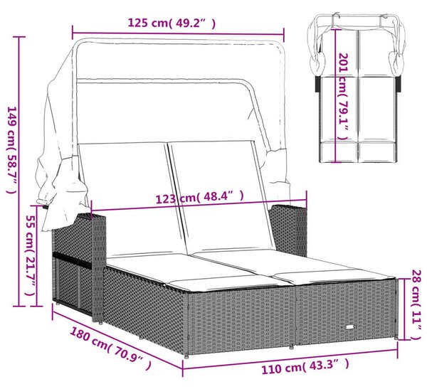 VidaXL Dupla Napozóágy - Polyrattan - Fekete - 201x110cm