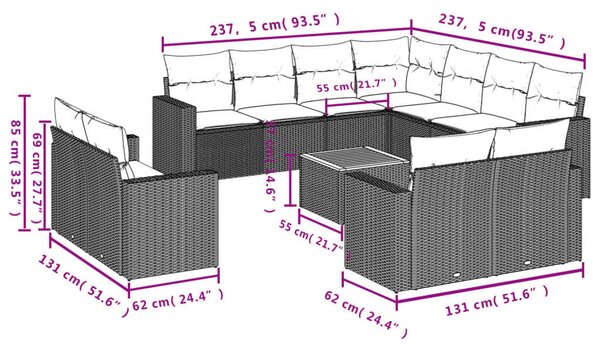 VidaXL Polyrattan Kerti Ülőgarnitúra - 12 részes - Fekete