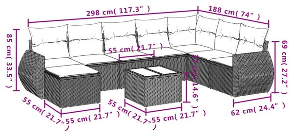 VidaXL Polyrattan Kerti Ülőgarnitúra - 9 részes - Fekete