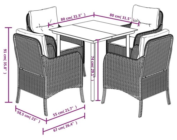 VidaXL 5 részes szürke polyrattan kerti étkezőgarnitúra párnával