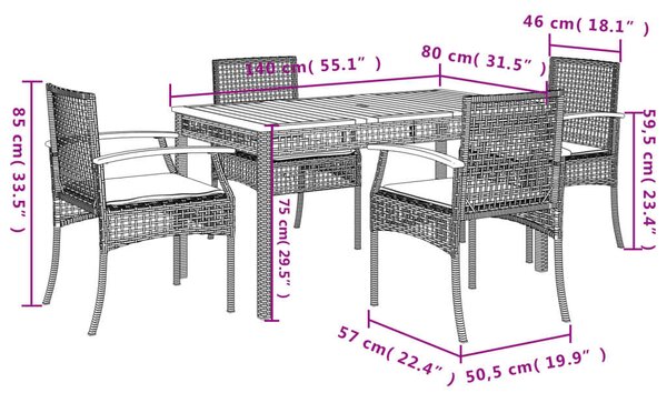 Polyrattan Kerti Étkezőgarnitúra - 5 részes - Szürke