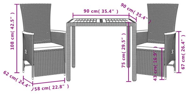 VidaXL Kerti Étkezőgarnitúra - 3 részes - Fekete Polyrattan
