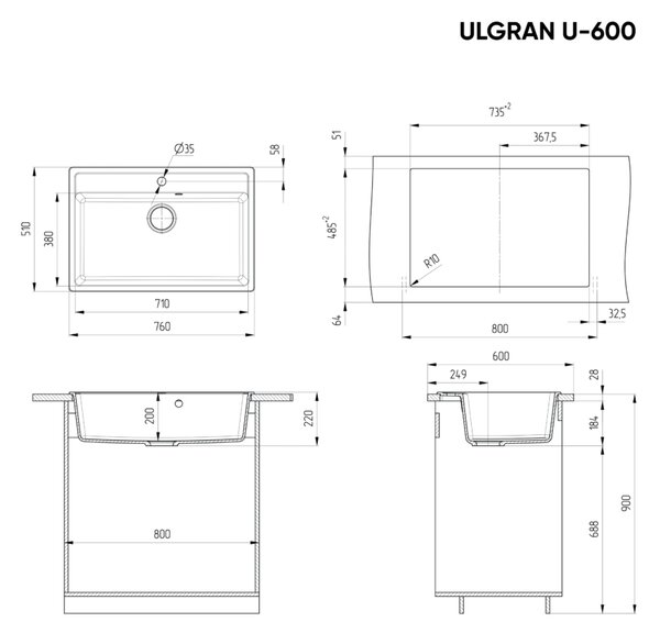 Ulgran U-600-308 Gránit Mosogatótálca - Egymedencés, Téglalap, Extra széles, Szemcsés Fekete