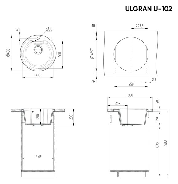Ulgran U-102-309 Gránit Design Mosogatótálca - Egymedencés, Kerek, Gránit