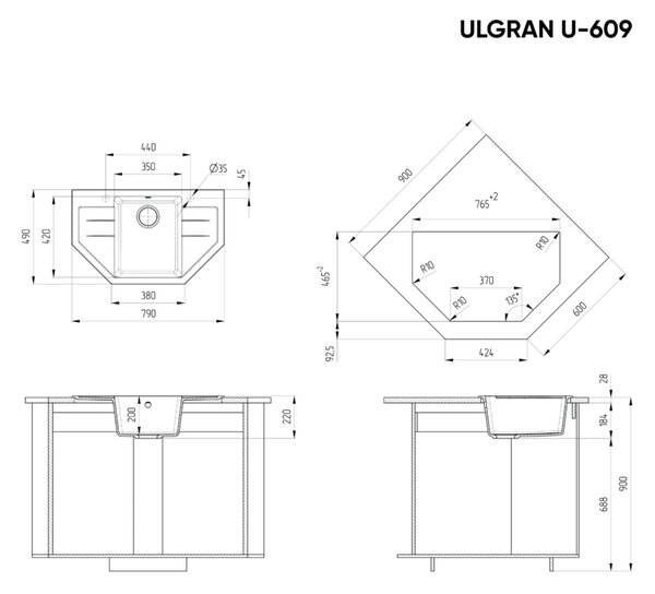 Ulgran U-609-308 Gránit Sarok Mosogatótálca - Extra mély, Szemcsés Fekete