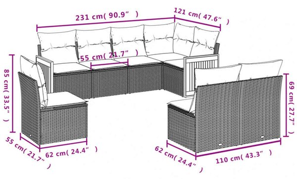 VidaXL Polyrattan Kerti Ülőgarnitúra - 8 részes - Szürke