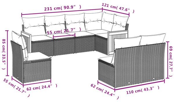 VidaXL Polyrattan Kerti Ülőgarnitúra - 8 részes - Szürke